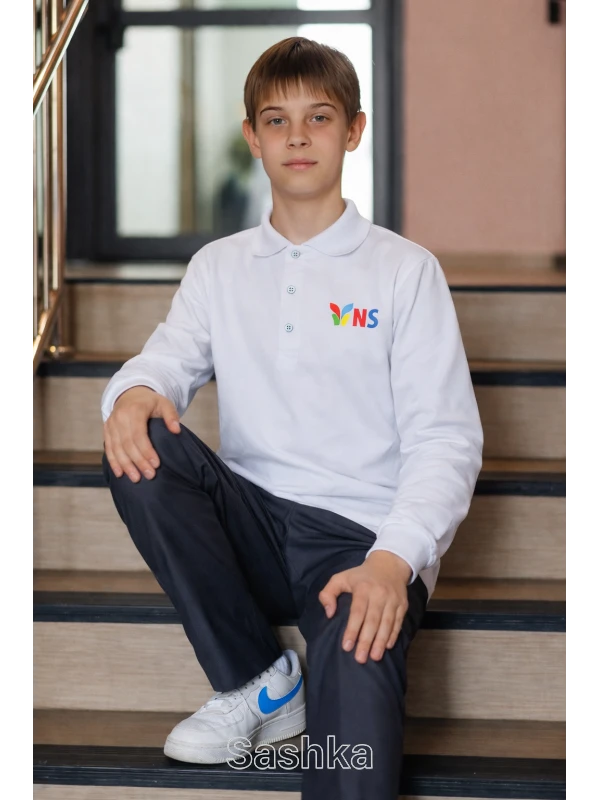 Поло для хлопчика з довгим рукавом біле з логотипом школи NSS, розмір 116-188